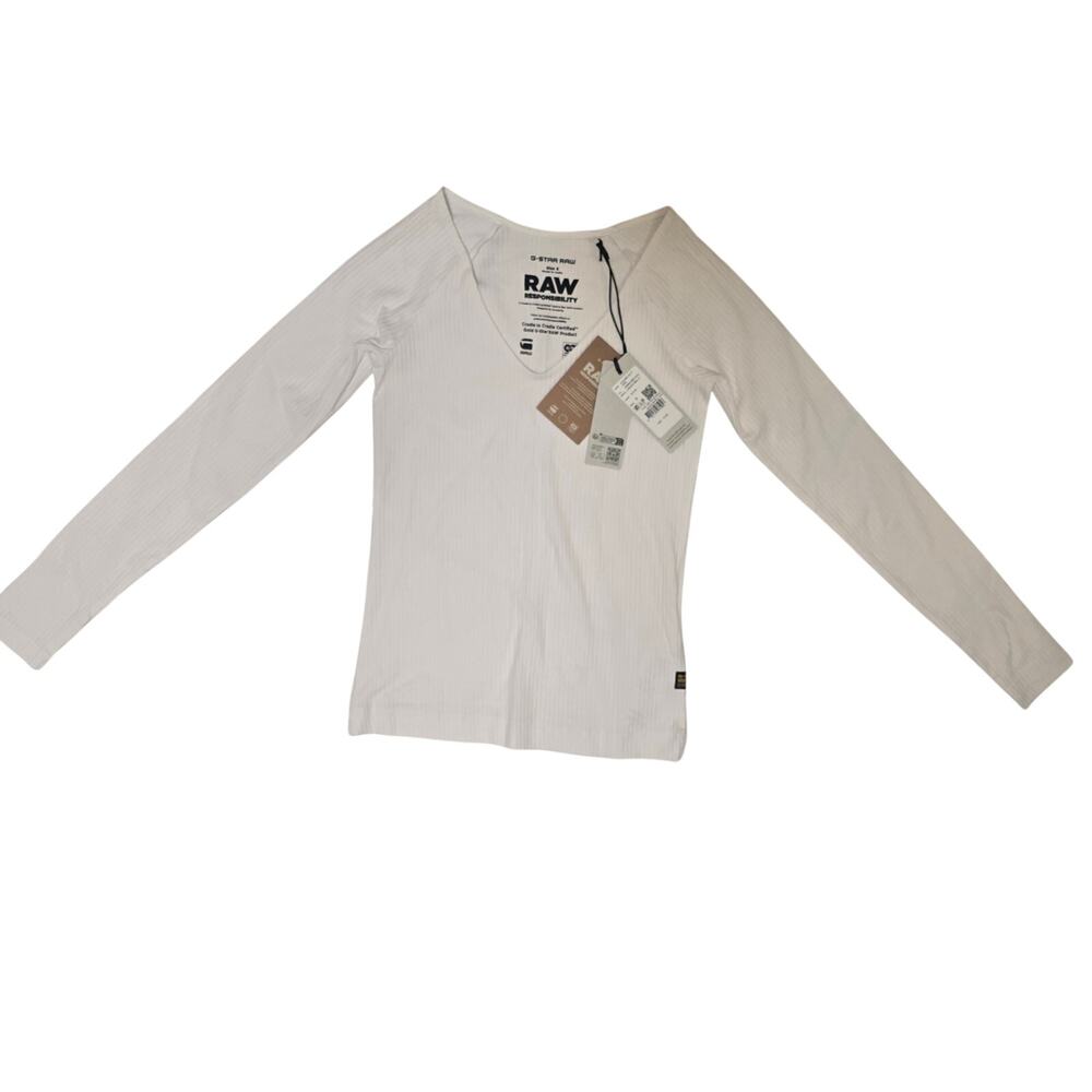 G-Star RAW White Ribbed V Neck Slim Fit Long Sleeve Top NWT S